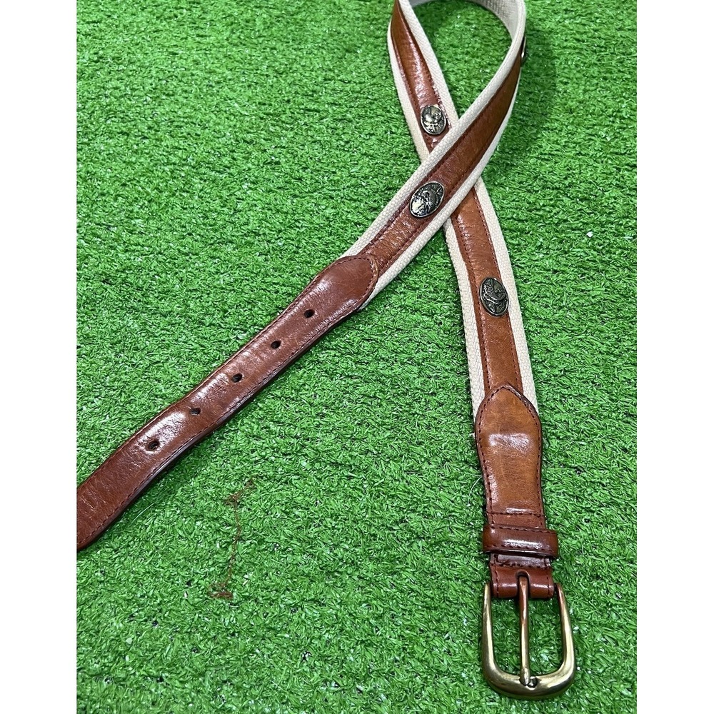 Vintage Bass Fishing Belt 34" Canvas Leather Brass Large mouth Bass Medallions